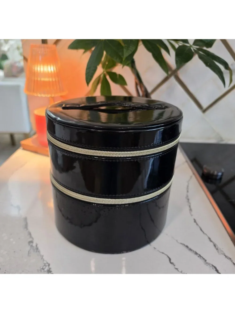 Lancôme Round Black Patent Cosmetic Case With Mirror & Dual Zipper Compartments